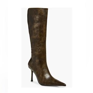 Jeffrey Campbell Distressed Olive Pointed-Toe Knee-High Stiletto Boot